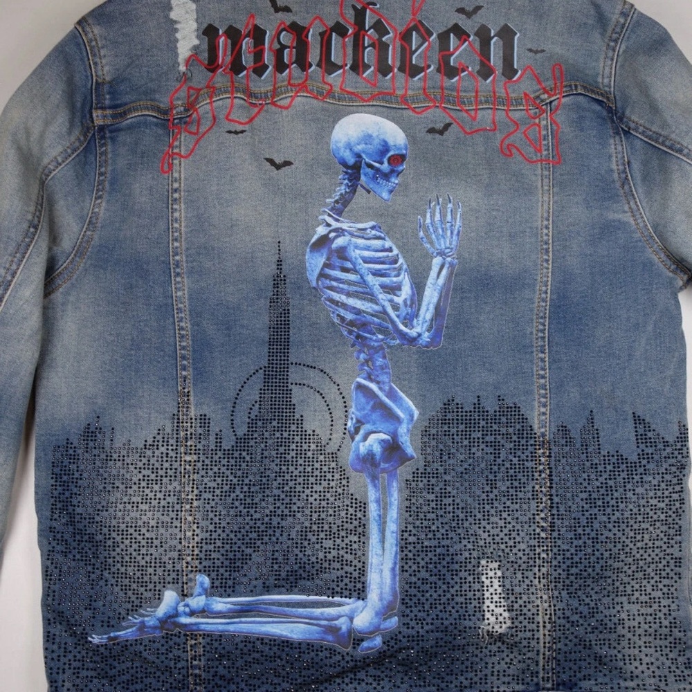 MACKEEN Men's Mack Skeleton rhinestone Stretch SLIM FIT Denim Jean Jacket 2XL - Picture 3 of 6